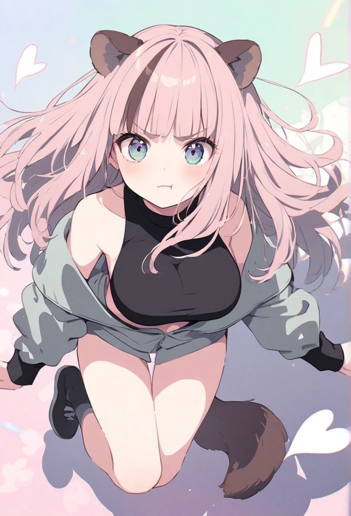anime,(pale colors:1.8),long shot, 1girl, (on right:1.3), full body, solo, pout, bad mood, dynamic angle, jumping high, fang, light pink hair, long hair, straight hair, racoon ears, racoon tail, (brown streaked hair:1.3), side braid, (blunt bangs) ,thick eyebrows, big breast, off shoulder clothes, cutout, heart background, shadow,
