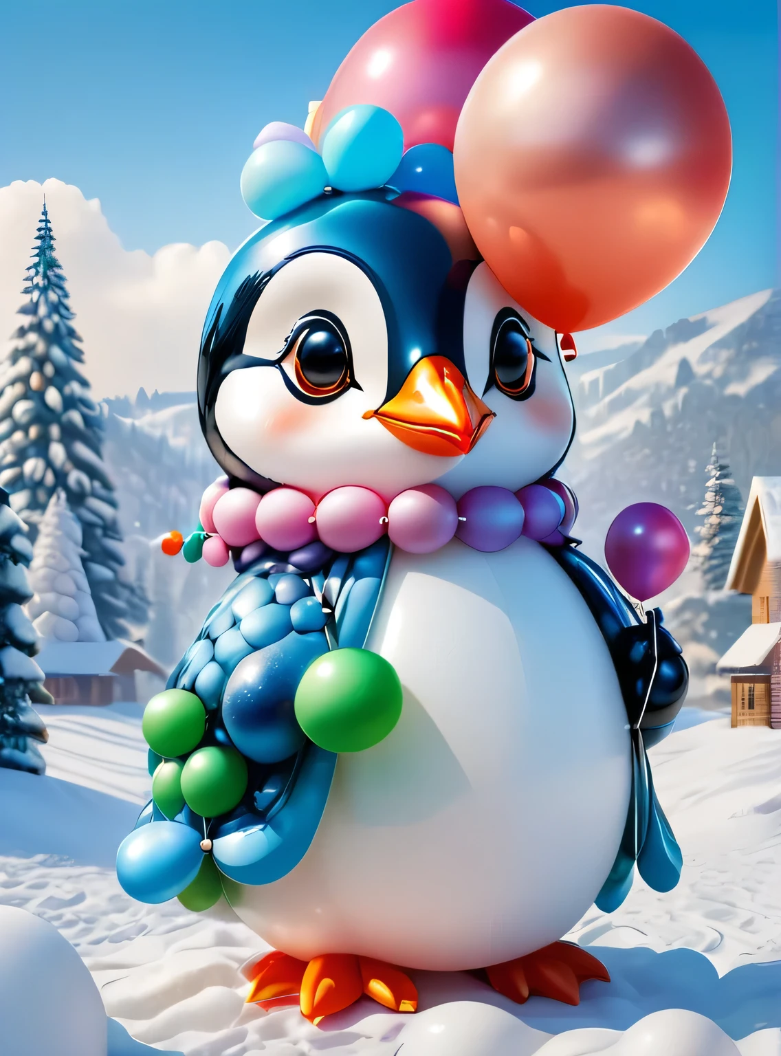 (A colorful penguin holding an umbrella made of colorful balloons), (Umbrella made of balloons), ((Christmas, balloons, in the snow on Christmas Eve)), Cute and detailed digital art, lovely digital painting, Cute balloon penguin, Lovely detailed artwork, Cute 3d rendering, digital painting very detailed, Cute and colorful, adolable, Highly detailed digital artwork, Detailed and colorful