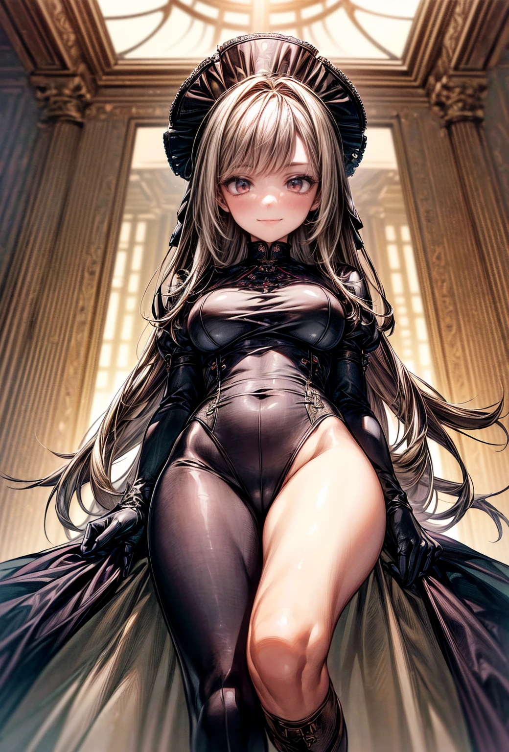 nsfw、(masterpiece, Highest quality, Super detailed:1.3), Perfect composition, 4K, (Very detailed, Super detailed),(Angle from directly below the girl:1.5), Ultra-thin enamel high-leg bodysuit、Ultra-thin long gloves、Knee-high boots, High resolution, 8k Texture, Attention to detail, Very detailed肌の質感, Magnificent details, High Sharpness, One girl, (Fine grain:1.3), (25-year-old woman:1.3),(SM Mistress:1.3)、(A sadistic smile with the corners of the mouth turned up)、(Mouth showing teeth)、(Lift one foot to show the viewer the heel of your heel:1.5)、(Looking down on the viewer:1.3)