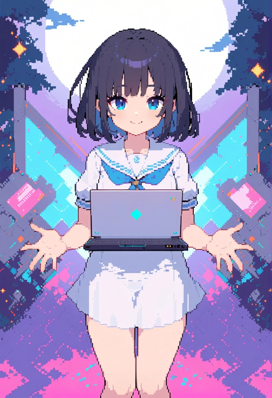 Pixel Art, An anime-style young girl with short bluely black hair, large blue eyes, a plain white long T-shirt sailor uniform reaching to her knees, standing straight, holding a laptop PC, smiling, electronic near-future vibe, white blank background, show the whole body from head to toes.