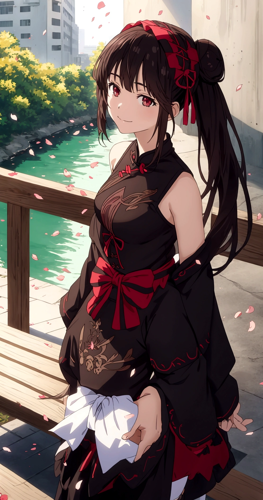 ltra-detailed,highly detailed,best quality,masterpiece,illustration,realistic,photorealistic,
tokisaki kurumi, 1girl, solo,smile,
chinese clothes, china dress, bare shoulders, thighhighs, feather shawl, side slit,
twintails, long hair, hair over one eye, hair bun, double bun, bun cover,
looking at viewer,walking, 
branch, outdoors, flower, river, bench, wind,floating hair, falling petals,
 