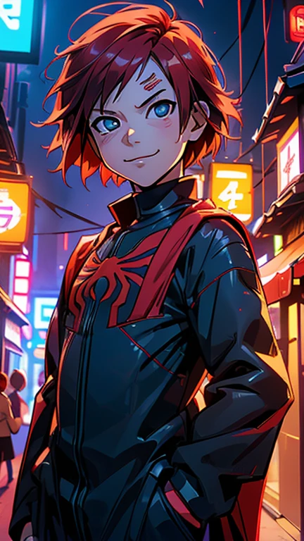 (8k),(masterpiece),(Japanese),(8--old ),((innocent look)),((Childish)),From the front,smile,cute,Innocent,Kind eyes,Flat chest, Uzumaki Boruto wearing Spider-Man Costume,Short,Hair blowing in the wind,Red Hair,Strong wind,night,dark, Neon light cyberpunk Konoha village