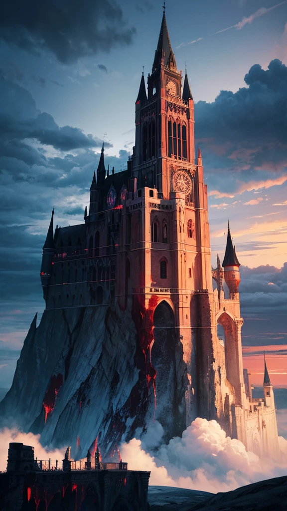 cascade of (blood) cascading down a gothic castle on a cliff at night, officer, clouds, low angle shot, digital illustration, detailed, high resolution, high quality, 8k, High saturation, (Salvador Dali style)