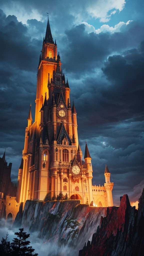 cascade of (blood) cascading down a gothic castle on a cliff at night, officer, clouds, low angle shot, digital illustration, detailed, high resolution, high quality, 8k, High saturation, (Salvador Dali style)