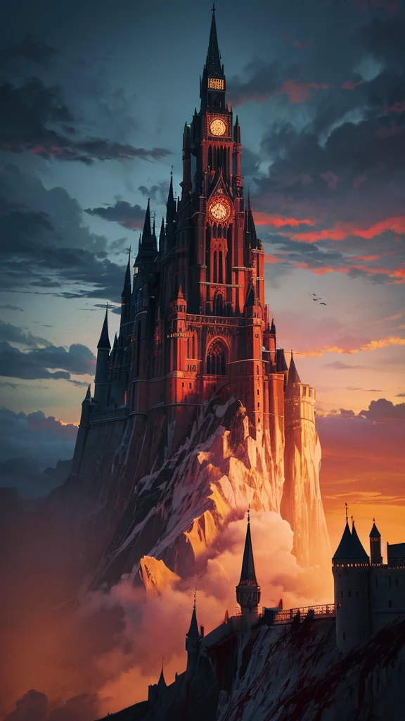 cascade of (blood) cascading down a gothic castle on a cliff at night, officer, clouds, low angle shot, digital illustration, detailed, high resolution, high quality, 8k, High saturation, (Salvador Dali style)