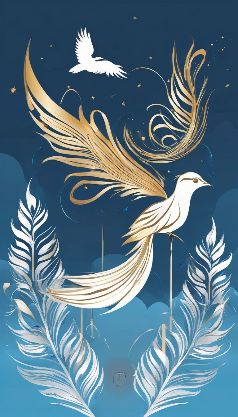 Create a minimalistic, simple, fantastic, easy to understand, logo design of a boy and a feather for an upcoming Brand called " Penamemoria". Create the logo in the center. A fantasy theme with birds and feathers as background, blue sky, white clouds. Use the colours light blue, white, golden in the logo. The logo design must convey a sense of storytelling, memories, dreams and music. Must convey a feeling of being a true Dreamer.
