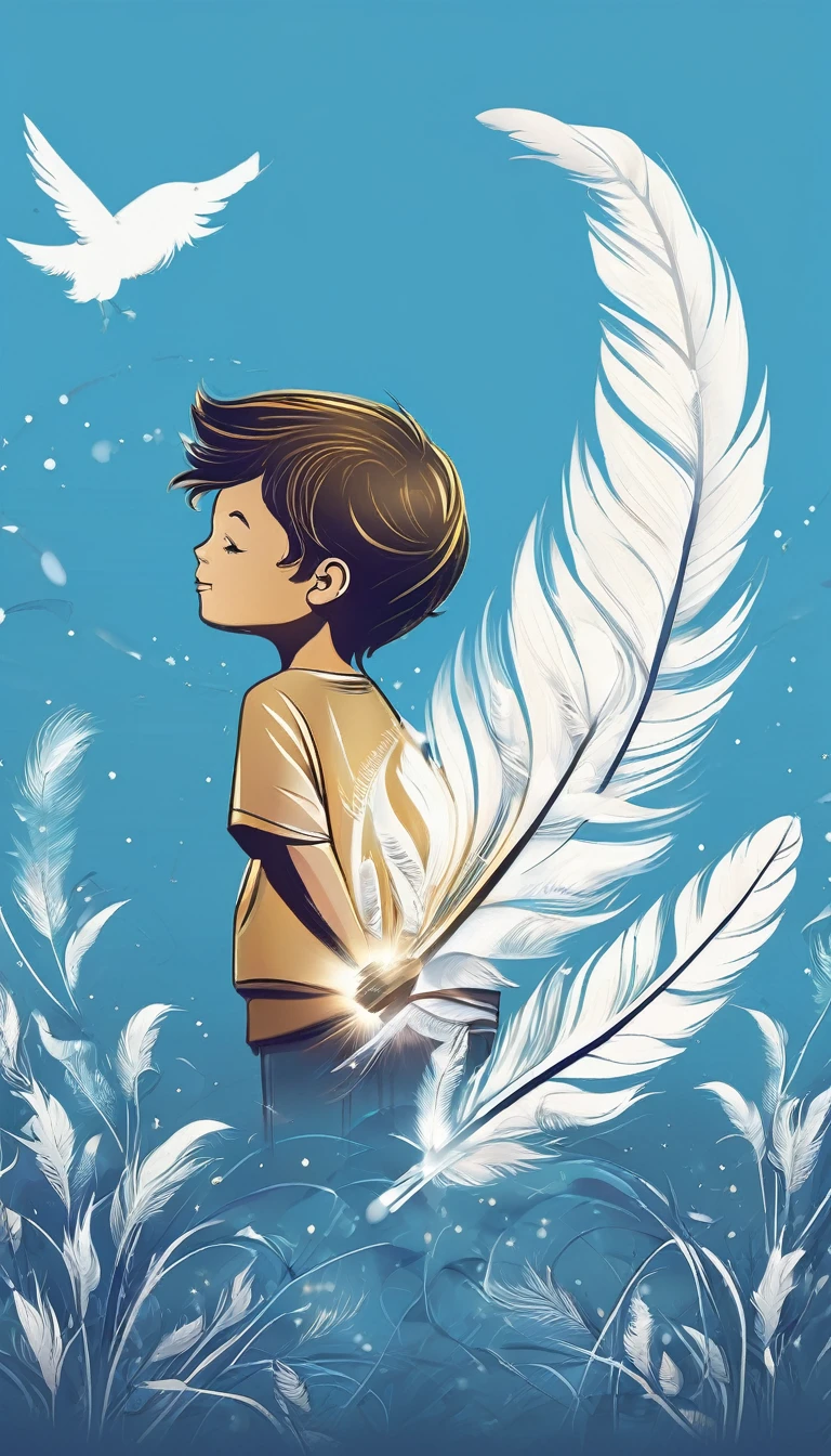 Create a minimalistic, simple, fantastic, easy to understand, logo design of a boy and a feather for an upcoming Brand called " Penamemoria". Create the logo in the center. A fantasy theme with birds and feathers as background, blue sky, white clouds. Use the colours light blue, white, golden in the logo. The logo design must convey a sense of storytelling, memories, dreams and music. Must convey a feeling of being a true Dreamer.
