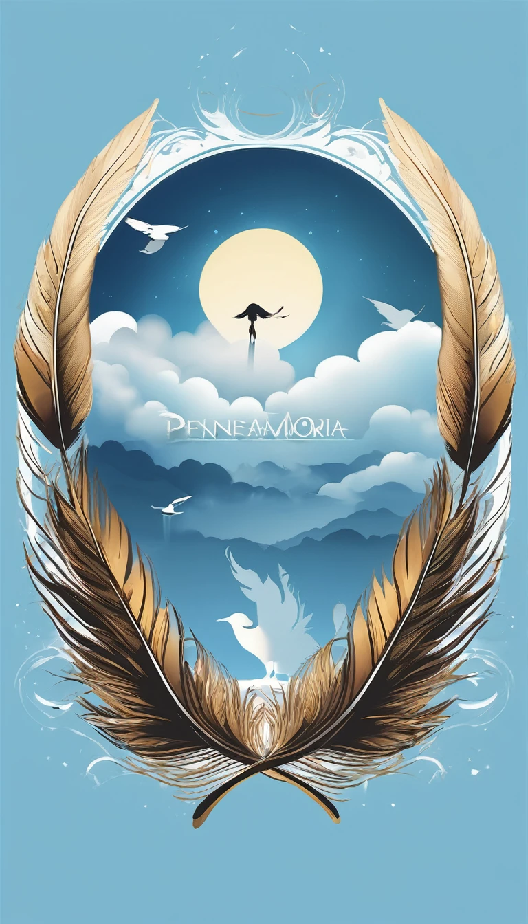 Create a minimalistic, simple, fantastic, easy to understand, logo design of a boy and a feather for an upcoming Brand called " Penamemoria". Create the logo in the center. A fantasy theme with birds and feathers as background, blue sky, white clouds. Use the colours light blue, white, golden in the logo. The logo design must convey a sense of storytelling, memories, dreams and music. Must convey a feeling of being a true Dreamer.