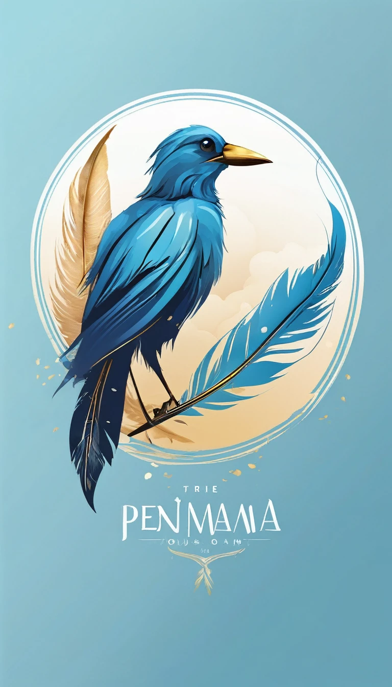 Create a minimalistic, simple, fantastic, easy to understand, logo design of a boy and a feather for an upcoming Brand called " Penamemoria". Create the logo in the center. A fantasy theme with birds and feathers as background, blue sky, white clouds. Use the colours light blue, white, golden in the logo. The logo design must convey a sense of storytelling, memories, dreams and music. Must convey a feeling of being a true Dreamer.
