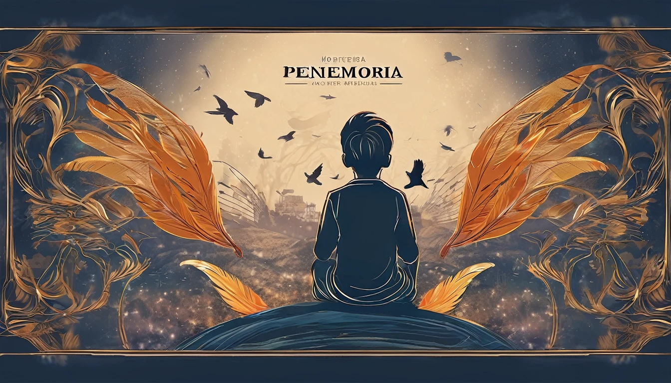 Create a professional, fantastic, cinematic dream-like Youtube Banner for a brand about music, stories, fantasy and dreams called " Penamemoria". Masterpiece, 4k, sharp focus, highest quality,wide shot. The title is " Penamemoria". Is a brand about the creative, unique journey of a boy into becoming a musician storyteller inspired by feathers and birds. Modern logo design of a boy and a feather. The logo must convey a sense of memories and dreams