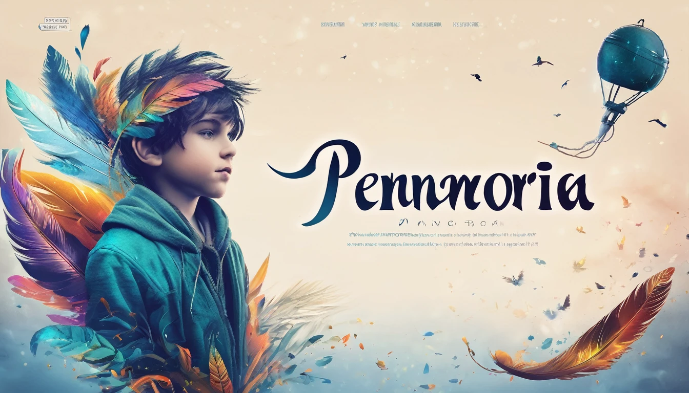 Create a professional, fantastic, cinematic dream-like Youtube Banner for a brand about music, stories, fantasy and dreams called " Penamemoria". Masterpiece, 4k, sharp focus, highest quality,wide shot. The le is " Penamemoria". Is a brand about the creative, unique journey of a boy into becoming a musician storyteller inspired by feathers and birds. Modern logo design of a boy and a feather. The logo must convey a sense of memories and dreams