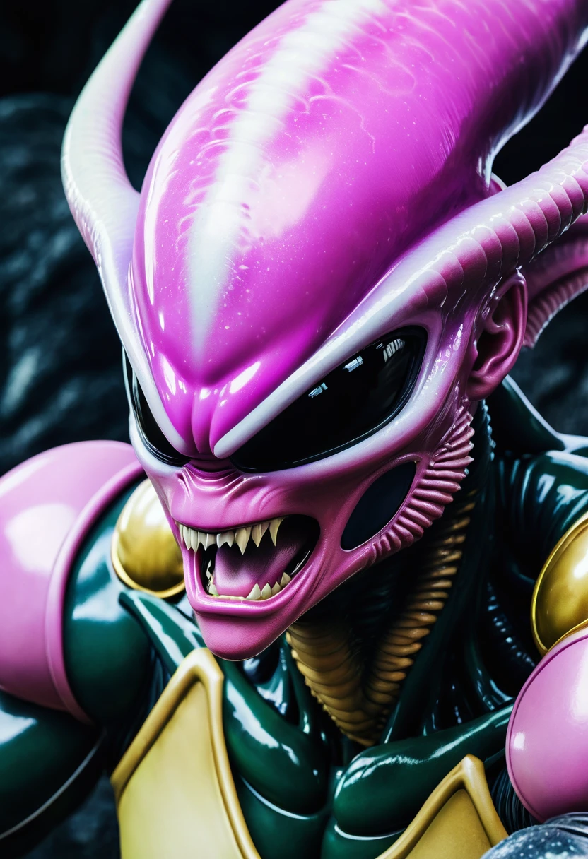 (((Extreme close-up Majin Buu fusion Xenomorph Alien the eighth passenger universe Dragon Ball Z frontal images Color Splash)))