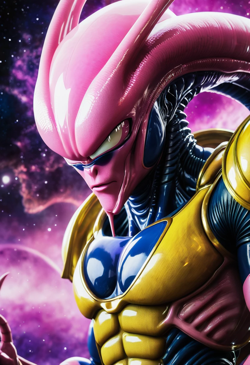 (((Extreme close-up Majin Buu fusion Xenomorph Alien the eighth passenger universe Dragon Ball Z frontal images Color Splash)))