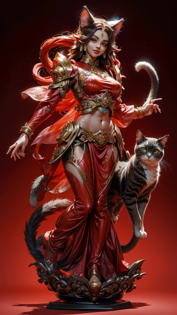in the shape of a cat,Bling background,Dreamy colors,Transparent statue,florals,Big eyes,red colour,Open-mouthed,laughingly,tmasterpiece,(best qualtiy:1.3), full bodyesbian,Ling_Long