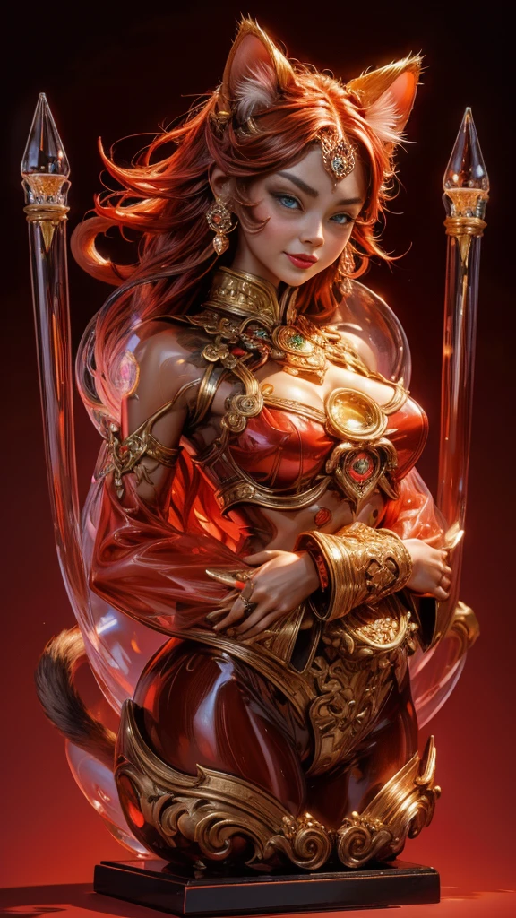 in the shape of a cat,Bling background,Dreamy colors,Transparent statue,florals,Big eyes,red colour,Open-mouthed,laughingly,tmasterpiece,(best qualtiy:1.3), full bodyesbian,Ling_Long