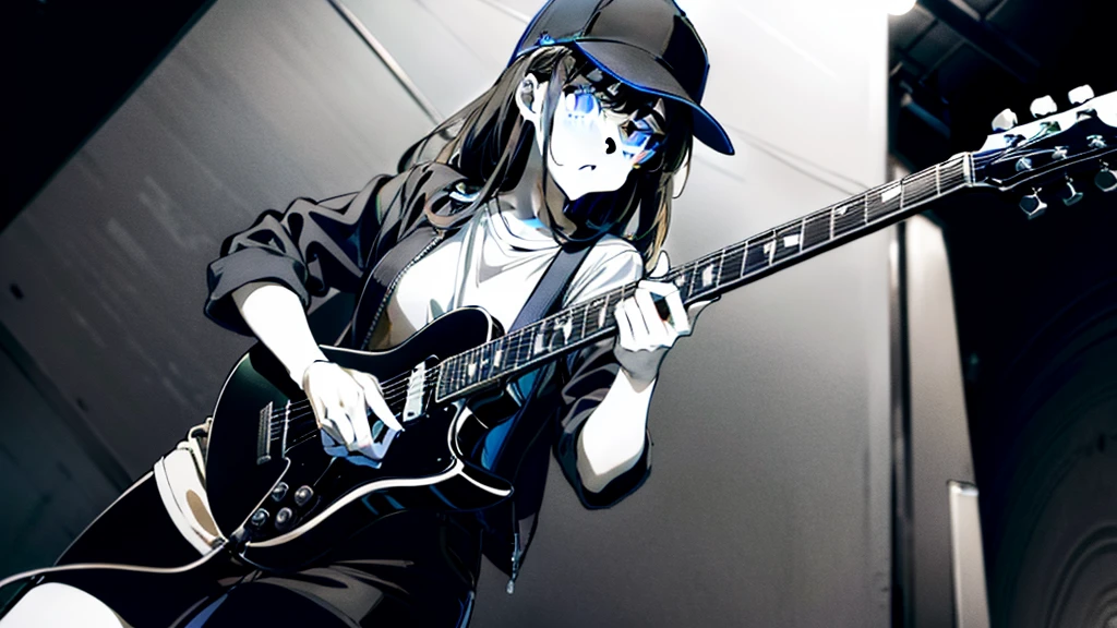 (((grayscale)))(masterpiece:1.2, Highest quality), (Graffiti wall:1.15), One woman, Beanie, Jacket, leggings, blue eyes, whole body,masterpiece, Highest quality, Highly detailed CG, (Intricate details:1.2), 8k wallpaper, One girl, alone , gray , guitar, (holding guitar:1.2), sing, Are standing, Stage lighting, (Mike stand:1.2),a young woman with an electric guitar, black shorts, blue eyes, shirt, Black Hair, Baseball cap, white shirt, 長いBlack Hair, Short sleeve, Long Hair