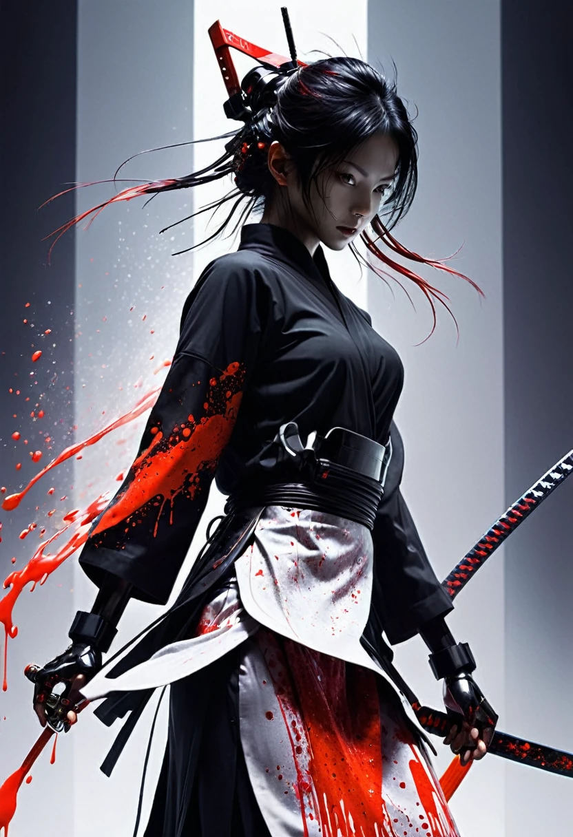 ,future technologies,bailing_robot,robot,robotics,machine_robo,gradient,Partial texture of a metal robot,simple background,(1girl:0.6),Matte Metal,wire,
Closeup Portrait,Dynamic pose By yoji shinkawa,a ninja gracefully posing in Fight stance with katana,Blood Splash,Blood fountain,infront of vanta white background with overhelming cascading red/black sharp ascii_art streams of data. Illuminate the fusion of artistry and innovation in this mesmerizing image.bailing_glitch_effect,atmospheric haze,Film grain,cinematic film still,highly detailed,