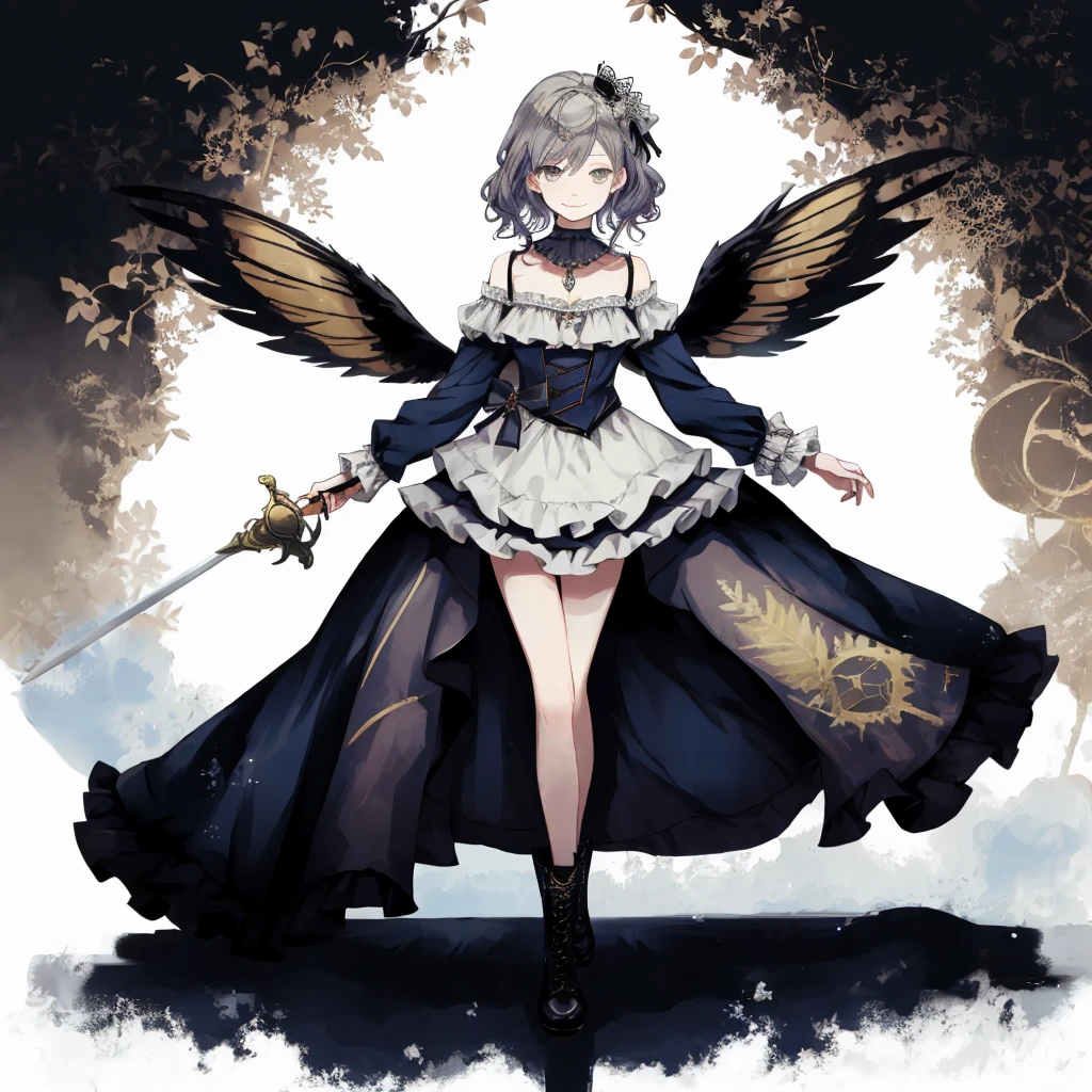((best quality)), ((masterpiece)), (detailed), 1girl, Character design, female, dynamic poses, long white grey hair, grey white eyes, very skinny, detailed, best quality, no accesoires around the neck, prominent collarbones, skinny arms, full body, blank white background, plain background, white background, ((red and white clothing)), Bloodborne inspired, occult aesthetic, occult, detailed and intricate steampunk and detailed gothic, Very dramatic and cinematic lighting, cosmic horror, grim-dark, side-lighting, perfect face, Fluttering lace flared long knee length dress with frilly petticoats, knee length dress, pleated petticoats, petticoats gothic, complex lace boots, side-lighting, gothic aesthetic, wielding a mighty sword with mechanical components, mandalas, small breasts, a fairy, various different types of insect wings,full body, whole body, white holy clothes,white holy clothes,((evil smile)),