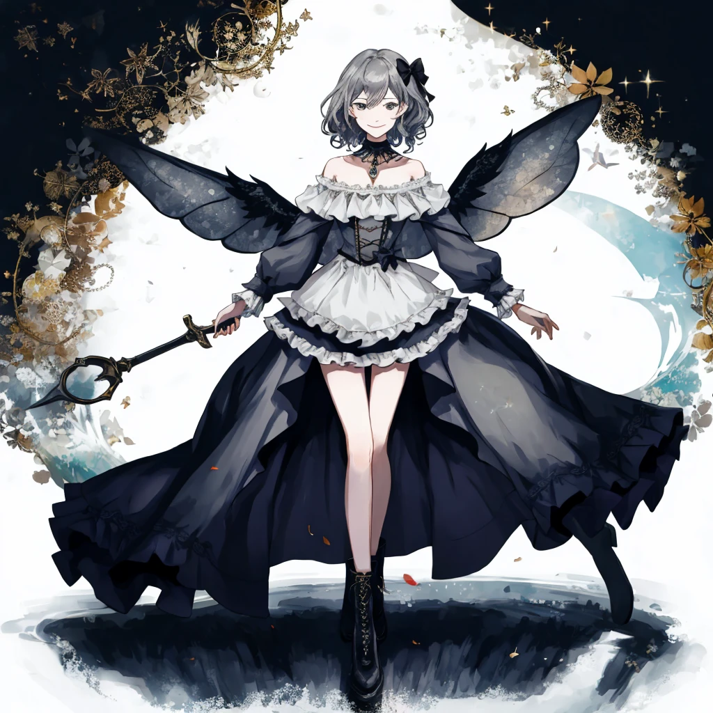  ((best quality)), ((masterpiece)), (detailed), 1girl, Character design, female, dynamic poses, long white grey hair, grey white eyes, very skinny, detailed, best quality, no accesoires around the neck, prominent collarbones, skinny arms, full body, blank white background, plain background, white background, ((red and white clothing)), Bloodborne inspired, occult aesthetic, occult, detailed and intricate steampunk and detailed gothic, Very dramatic and cinematic lighting, cosmic horror, grim-dark, side-lighting, perfect face,  Fluttering lace flared long knee length dress with frilly petticoats, knee length dress, pleated petticoats, petticoats gothic, complex lace boots, side-lighting, gothic aesthetic, wielding a mighty sword with mechanical components, mandalas, small breasts, a fairy, various different types of insect wings,full body, whole body, white holy clothes,white holy clothes,((evil smile)),