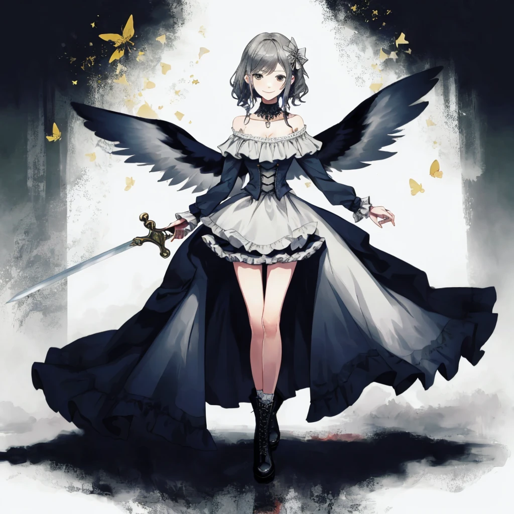 ((best quality)), ((masterpiece)), (detailed), 1girl, Character design, female, dynamic poses, long white grey hair, grey white eyes, very skinny, detailed, best quality, no accesoires around the neck, prominent collarbones, skinny arms, full body, blank white background, plain background, white background, ((red and white clothing)), Bloodborne inspired, occult aesthetic, occult, detailed and intricate steampunk and detailed gothic, Very dramatic and cinematic lighting, cosmic horror, grim-dark, side-lighting, perfect face, Fluttering lace flared long knee length dress with frilly petticoats, knee length dress, pleated petticoats, petticoats gothic, complex lace boots, side-lighting, gothic aesthetic, wielding a mighty sword with mechanical components, mandalas, small breasts, a fairy, various different types of insect wings,full body, whole body, white holy clothes,white holy clothes,((evil smile)),