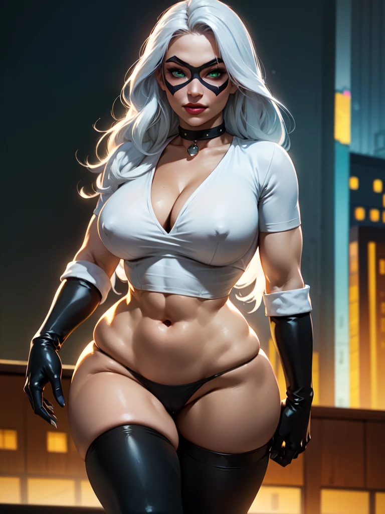 straight-on,looking a viewer, BREAK, cartoony_Felicia_Black Cat Long hair, (big hips),hourglass body, white colored hair,lipstick,makeup,lips,large breasts,clavicle,red-lips,claws,extra very long hair, mask,((wearing a white tshirt)), (black panties), green eyes, detailed, (((white tshirt))), (wearing a black thong), 1girl, 独奏, long hair, domino mask, full body portrait., happy, smilling, city background,,domino mask,gloves,Choker,white gloves,collar,superhero,skin tight,spiked collar,Jewelry,black choker,glittering, BREAK, official arts,extremely detailed CG unity 8k wallpaper, perfect lighting,Farbeful, Bright_front_s face_illumination,sparkly skin, (Masterpiece:1.0),(Best_Quality:1.0), extra high resolution,4K,Ultra-detailed, photografic, 8K, HDR, hight resolution, (absurdress:1.2), Kodak portra 400, Film grain, blurred background, (bokeh:1.2), lens flare, (Vibrants_Farbe:1.2),professional photo of a, (Beautiful_s face:1.5), torpedo tits, Hypermuscular Body, Very muscular girl, city background at night,