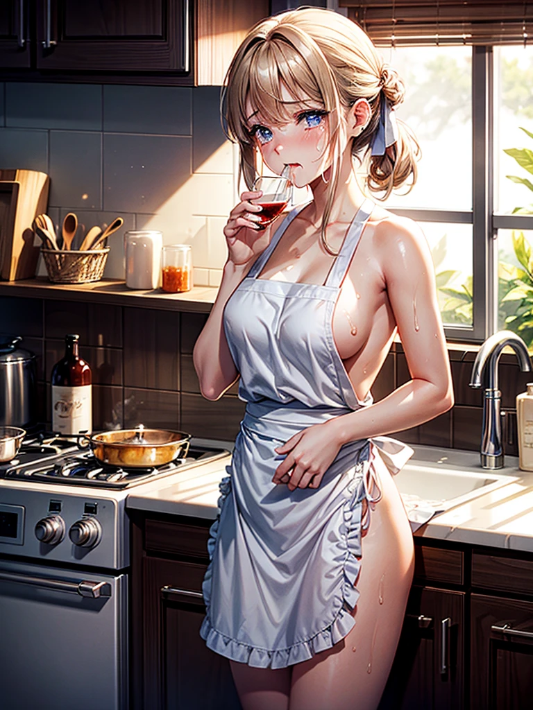 Highest Resolution,Highest quality,A beautiful girl with a crying face drinking a glass of water in a nude apron,kitchen,Tears,Open your mouth and drool,whole body,front,Sweat profusely,Beautiful eyes,Lots of saliva,
