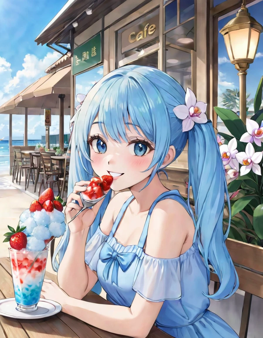 Seaside Cafe、Light blue long hair、Beautiful girl with twin tails、Eating strawberry shaved ice with relish、A cafe decorated with lots of orchid flowers、Beautiful girl with a bright smile