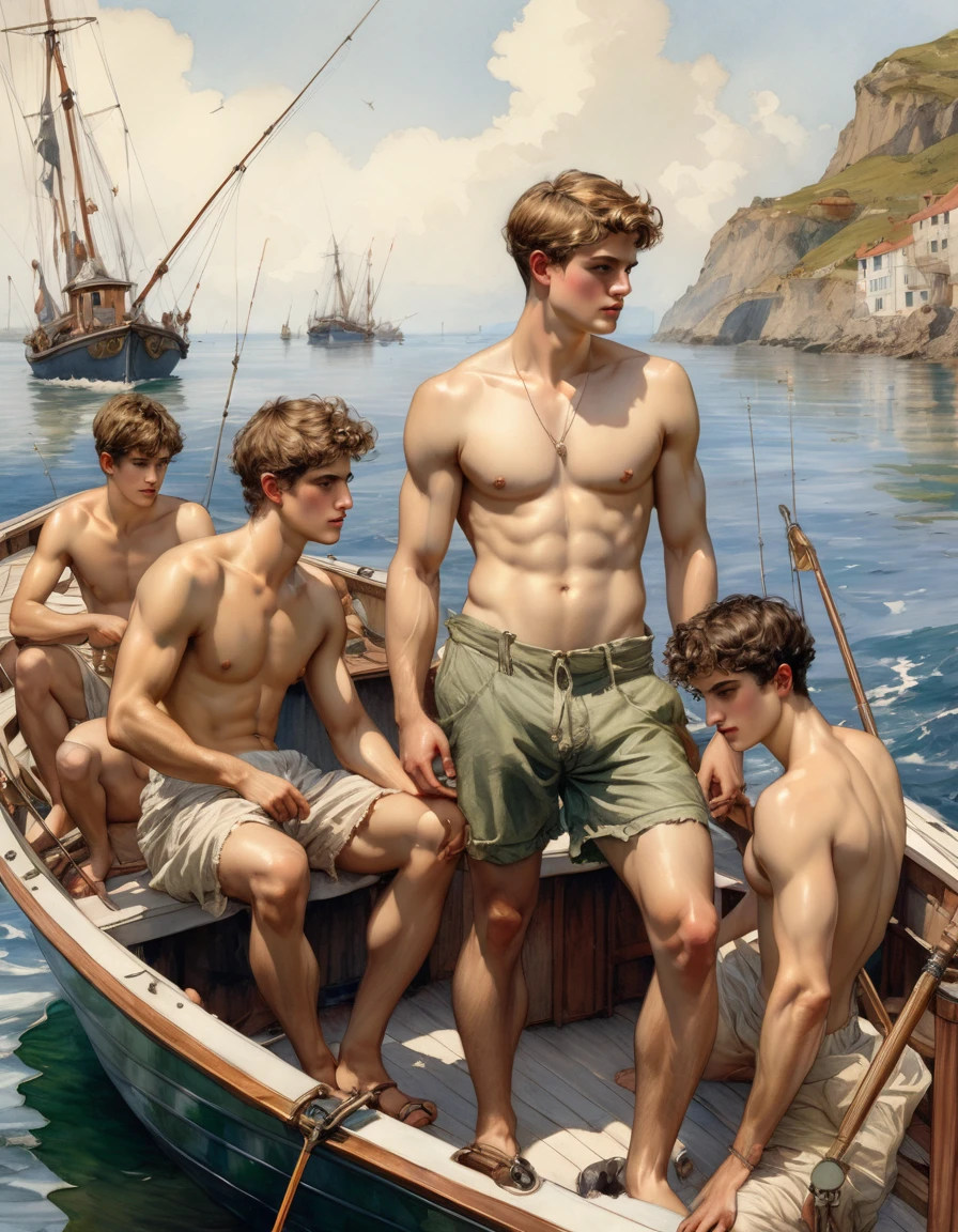 in roberto ferri and henry scott tuke art style, a group of four young pantless, shirtless, naked man fishing on a boat at the sea, Watercolor, trending on artstation, sharp focus, studio photo, intricate details, highly detailed, by greg rutkowski
