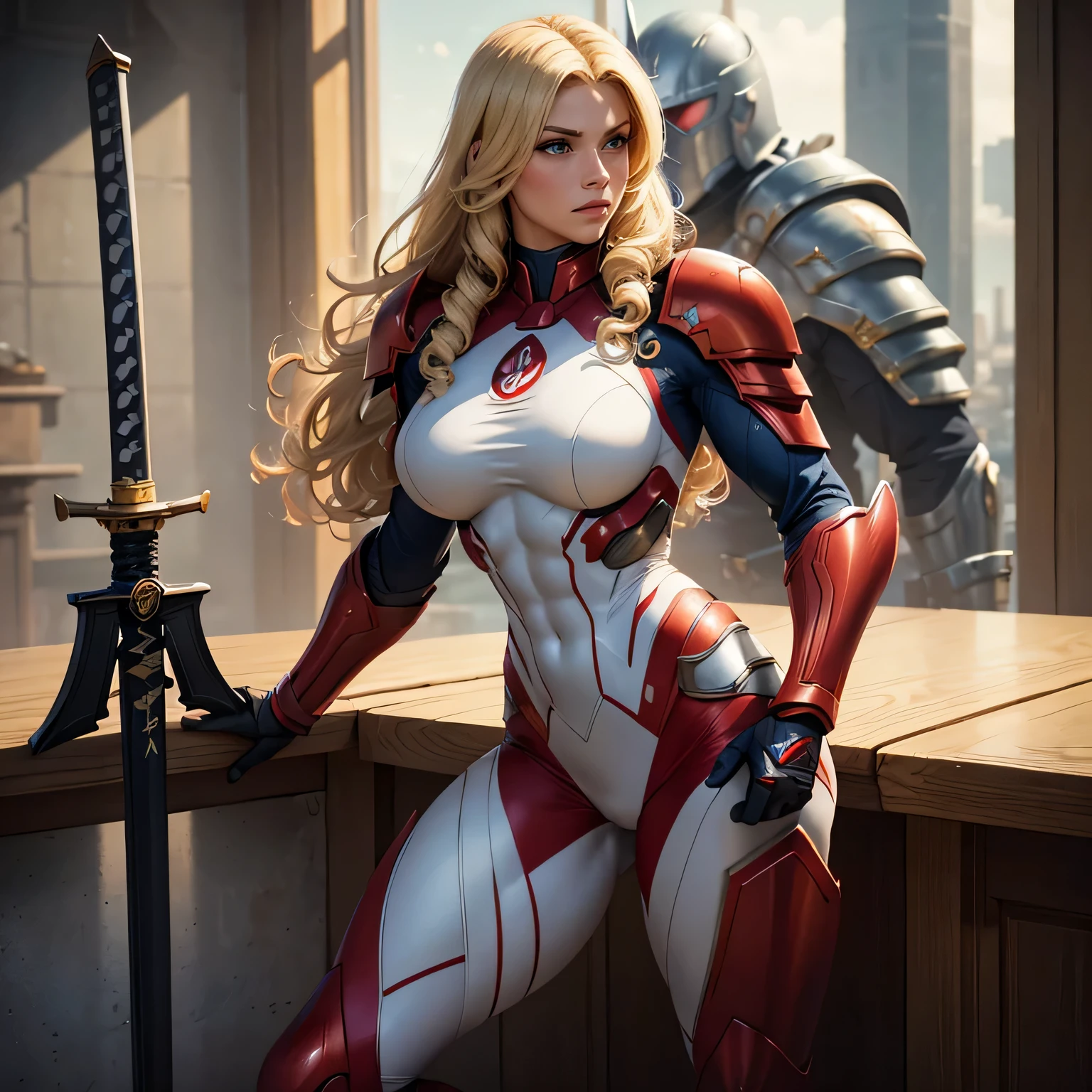 masterpiece, best quality, agrias, a woman, solo, wearing full red and white, widow suit, standing, blonde hair, high leg, mid curly hair , muscular , detailed face, muscular detailed face, age 22,superhero, big breast, blue eyes, Katana on hand, smaurai light armor, full body