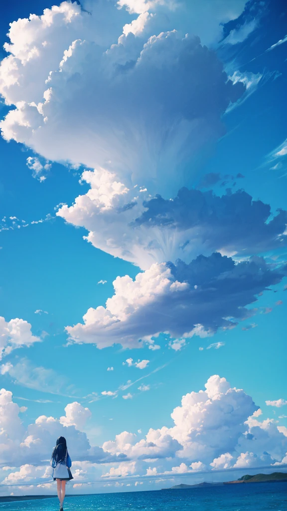 Blue sky with white clouds Seaside Back view of a woman in casual clothes An illustration