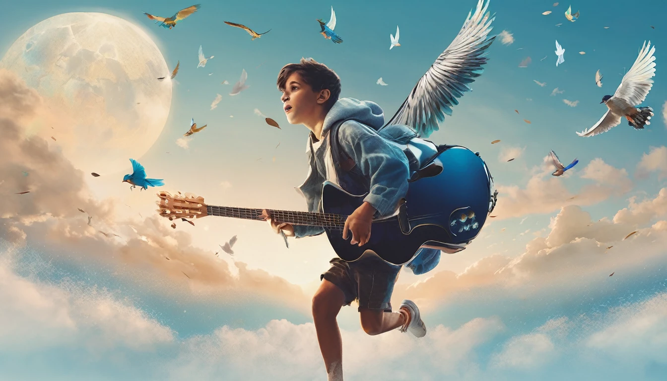 Create a professional, fantastic, cinematic Youtube Banner for a brand about music and stories called " Penamemoria". Masterpiece, 4k, sharp focus, highest quality,wide shot. The title is " Penamemoria". Is a brand about the creative, unique journey of a boy into becoming a musician storyteller. In his journey he finds inspiration in a world of birds and feathers. Minimalistic, simple, poetic, dreamy logotype at the center of the image. The Background image is a world full of fantastic feathers, unique birds, light blue sky, and a boy running happily into the horizon with an acoustic guitar in his right hand. Boy running against the wind, almost simulating like he is flying