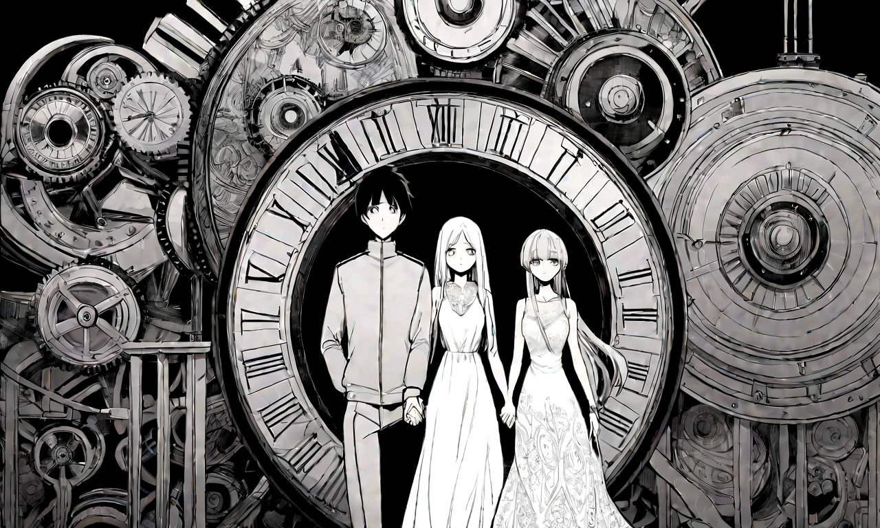 black and white drawing, giant clockwork background, 26-year-old male on the left 1, black neat hair, a lonely face, wearing gray tracksuit, Beautiful woman on the right 1, white long straight hair, white hair, wearing a white dress, walk affectionately, walk holding hands, A huge mechanical tong following the two people.