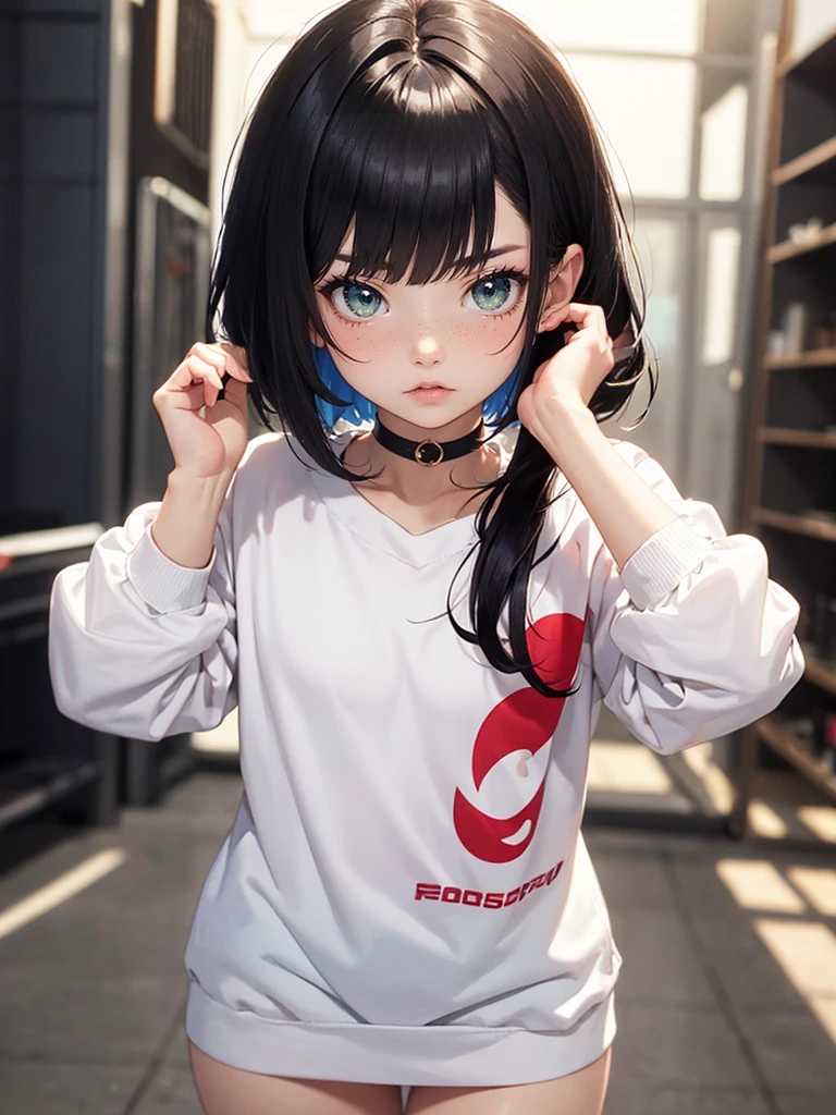 Expressiveh, fcNeg score_9, score_8_up, score_7_up, masterpiece, 4k, 8k, highest quality, highest resolution, uncompressed image, highest detail, highest quality, very detailed body, very detailed clothings, ((set up on the following description, always the same look, always the same appearance)), solo, female, tomboy, freckles, multi colored black and red hair, layered bob cut, light green eyes, small plump breats, detailed, pretty, skinny girl, with slim body and, pale skin, cute, tomboy clothings, pouting pose, pouting expression, angry, shouting to viewer, motion lines, blushing, black kneehighs, black sneakers, choker, portrait, best light, upper-body shot, rating_safe, detailed anime