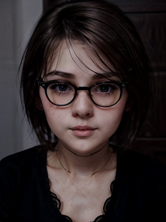 Cute Russian naked girl, round face, round cheeks, round chin, beautiful proportional small wide nose, Plump lips, closed mouth, expressive brown eyes, Long eyelashes, glasses with lenses, a little crazy look, sparkle in the eyes, short spiky tousled dark brown tousled hair upright, flat chest, black pubic hair, whole body 