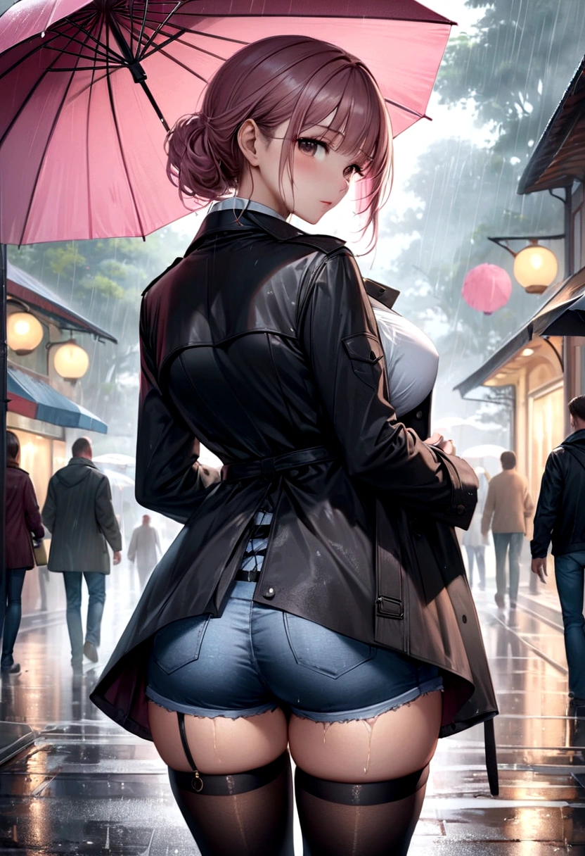 rainy day, on the street of the day. Beautiful woman with pink umbrella, walking, wet clothes, (showing through white shirts:1.1), Short skirt, black thigh high stockings with garters. full body shot, , perfect ass, Pretty girl) street full of people, wearing black t-shirt, jeans jacket, (( super short shorts)), (extremely detailed CG 8k wallpaper), (an extremely delicate and beautiful), (Masterpiece), (Best Quality:1.0), (ultra high resolution:1.0), beautiful lighting ,perfect lightning, realistic shadows, [high resolution], detailed skin, ultra detailed, back view, beautiful busty MILF in black trench coat, standing in a park, rainy day, photorealistic, Masterpiece, neckline, tits, panties, tight panties, 
