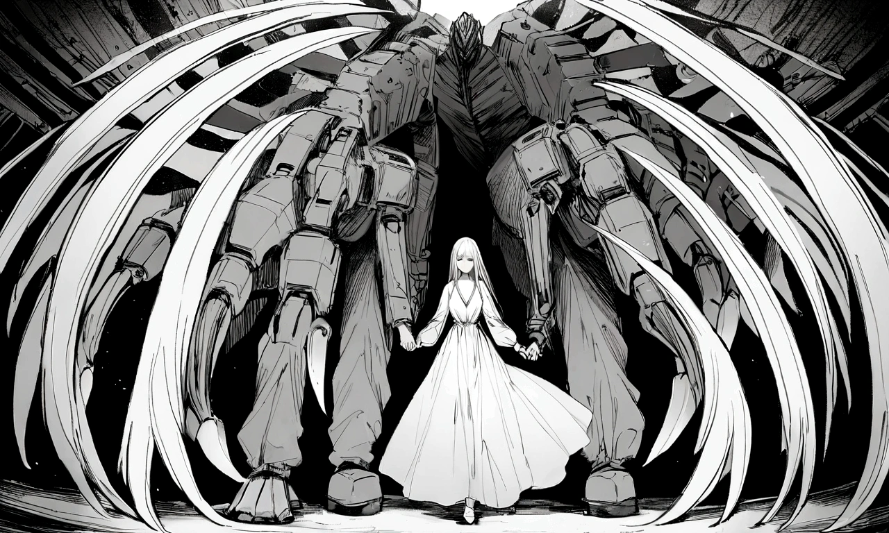 black and white drawing, Clockwork background with giant claws, 26-year-old male on the left 1, black neat hair, a lonely face, wearing gray tracksuit, Beautiful woman on the right 1, white long straight hair, white hair, wearing a white dress, walk affectionately, walk holding hands, A huge mechanical tong following the two people.