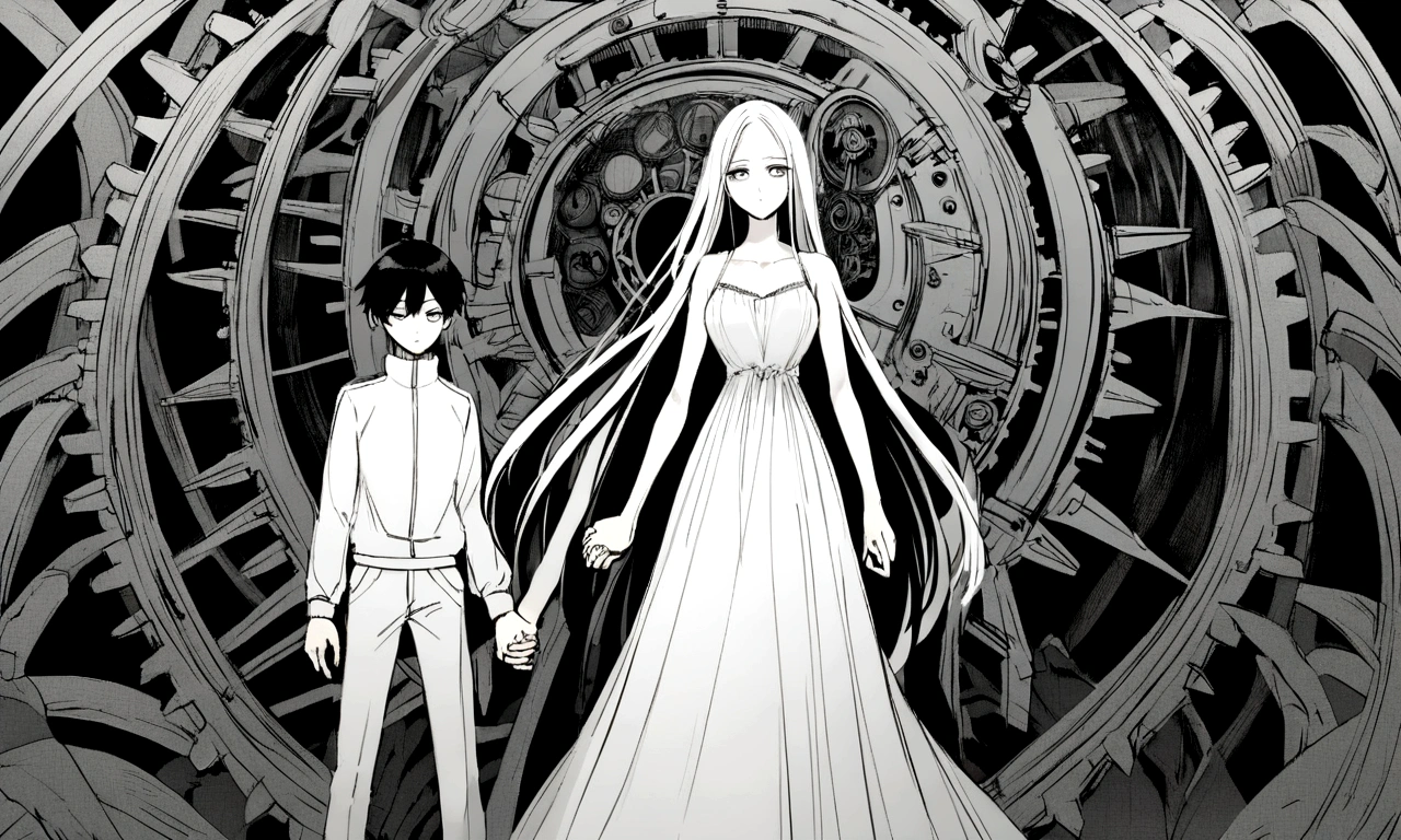 black and white drawing, Clockwork background with giant claws, 26-year-old male on the left 1, black neat hair, a lonely face, wearing gray tracksuit, Beautiful woman on the right 1, white long straight hair, white hair, wearing a white dress, walk affectionately, walk holding hands, A huge mechanical tong following the two people.