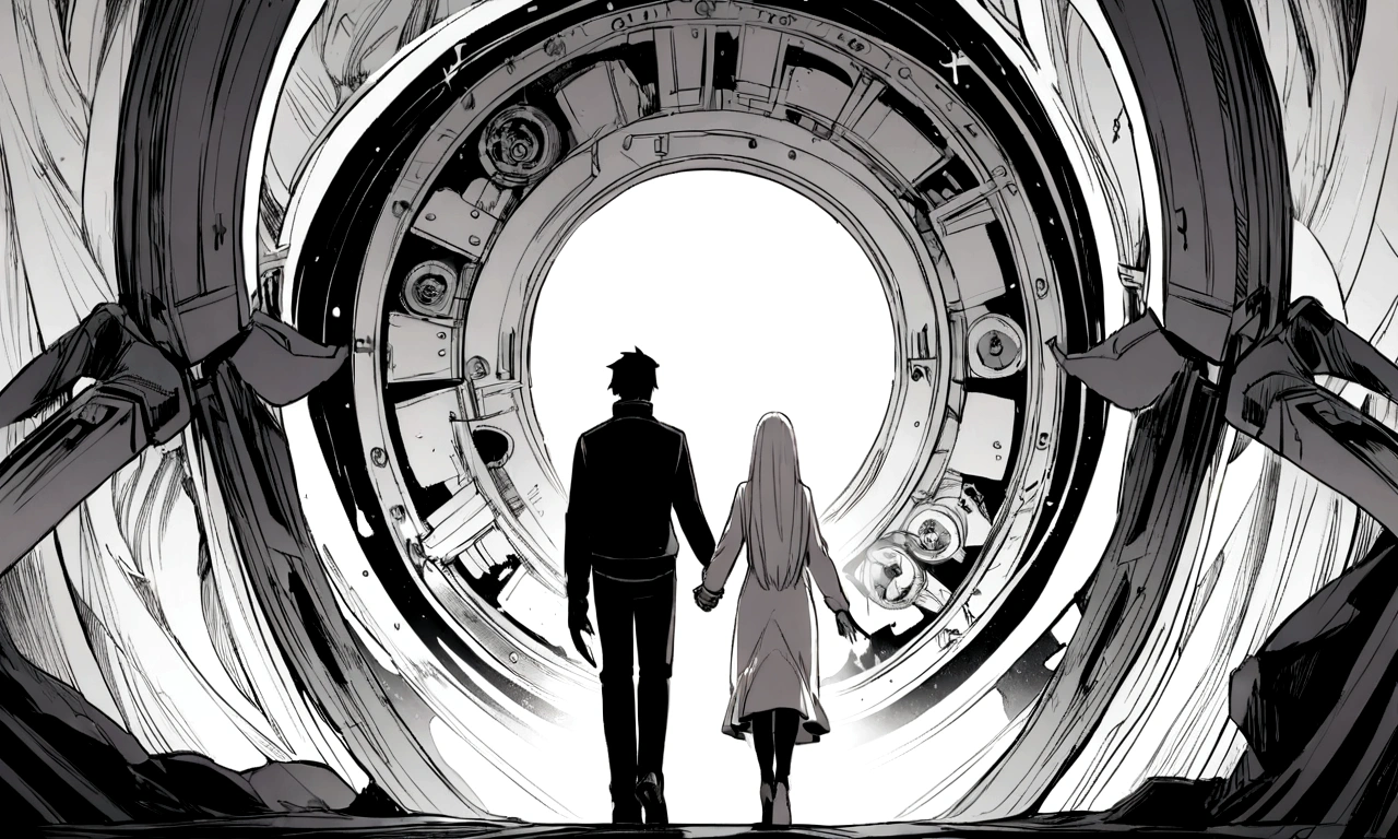 black and white drawing, Clockwork background with giant claws, 26-year-old male on the left 1, black neat hair, a lonely face, wearing gray tracksuit, Beautiful woman on the right 1, white long straight hair, white hair, wearing a white dress, walk affectionately, walk holding hands, A huge mechanical tong following the two people.