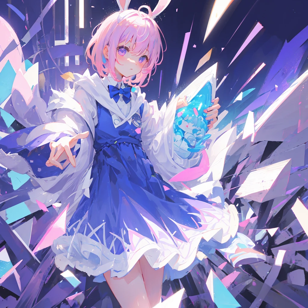 A cute little , with short white hair, with pink highlights, big and purple eyes, blue dress and bunny ears