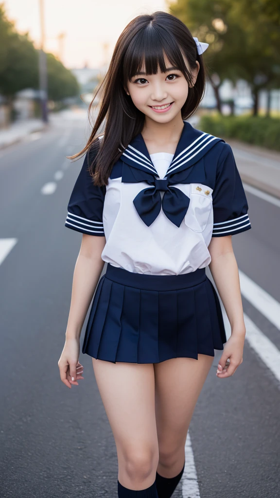 masterpiece, best quality, ultra-detailed, nsfw, simple_background, 1girl, solo, cowboy shot, black eyes, (tsurime), (((smile))),black hair, (((school uniform))),(((sailor suit))), (((cleft of venus))), (((younger))), (blunt bangs), (short stature), ((((bottomless)))),(((No panties))),(((pussy))),(bow tie),(student bag), ((walk on the road))