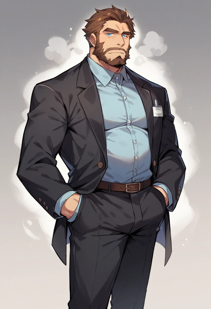 lion,personification,Mature male,Bad Uncle,beard,Cold expression,Blue pupils,Brown eyebrows,Black suit suit,Hands in pockets,The Age of Steam,Hospital Office。