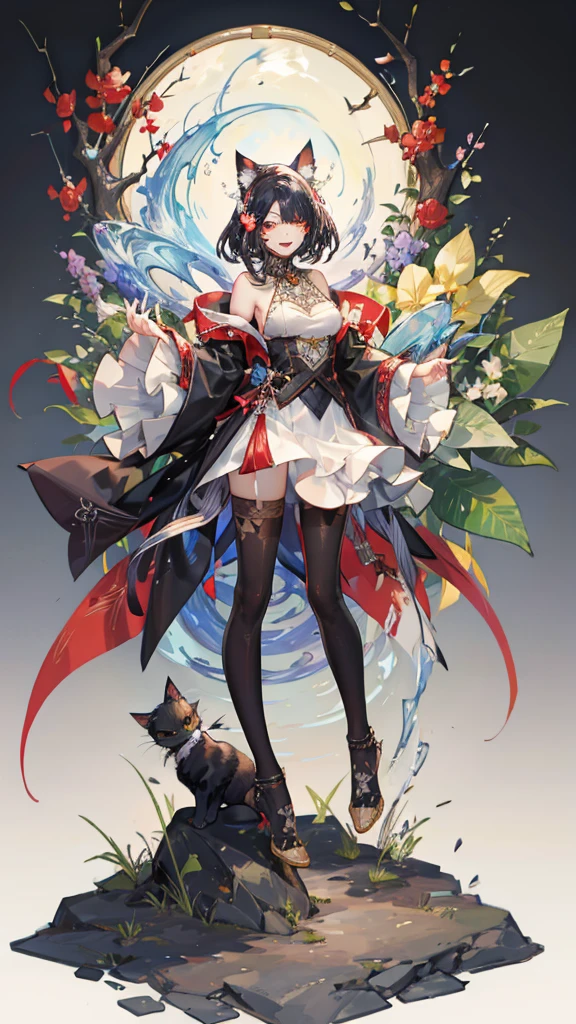 in the shape of a cat,Bling background,Dreamy colors,Transparent statue,florals,Big eyes,red colour,Open-mouthed,laughingly,tmasterpiece,(best qualtiy:1.3), full bodyesbian,Ling_Long
