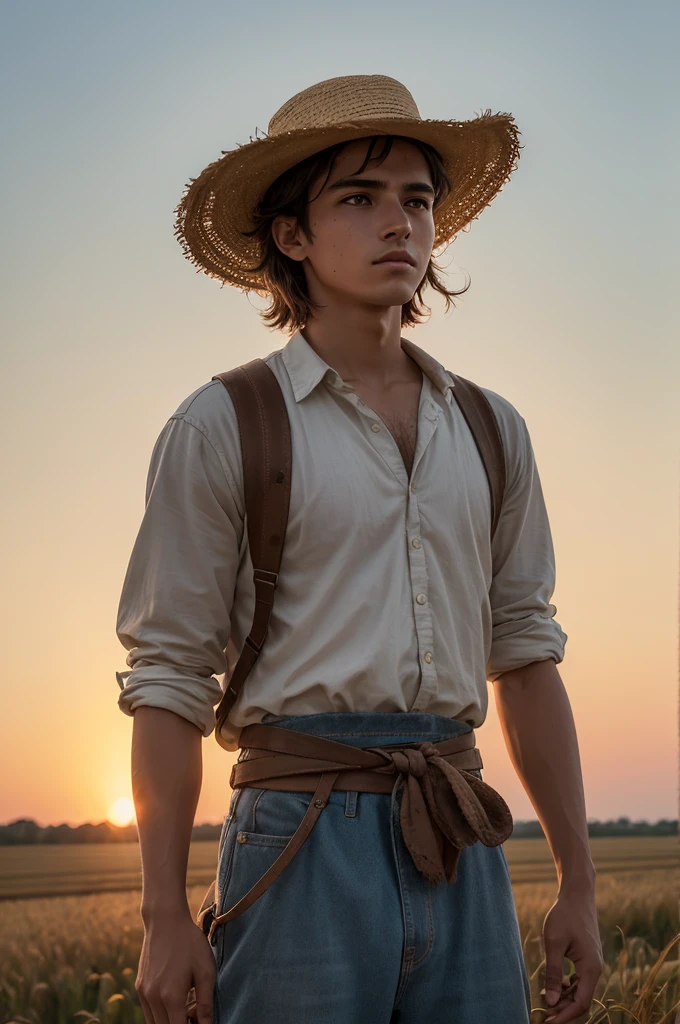 ((best quality)), ((masterpiece)), (detailed), perfect face: In the photo, we would see a young 17 year old farmer, called Alonso, in an open field at dusk. He is standing, with a confident posture and a determined look on his face. Alonso has light brown hair, somewhat rebellious, and wears a worn-out straw hat with a colorful feather stuck in the brim. Her clothes are simple and rustic, typical of a peasant, but he uses them with a certain air of improvised nobility.

Ao fundo, we can see a distant windmill, giving a subtle touch to the Don Quixote reference. The sky is dyed in warm orange and pink tones from the sunset, creating a serene and bucolic environment around the young farmer.