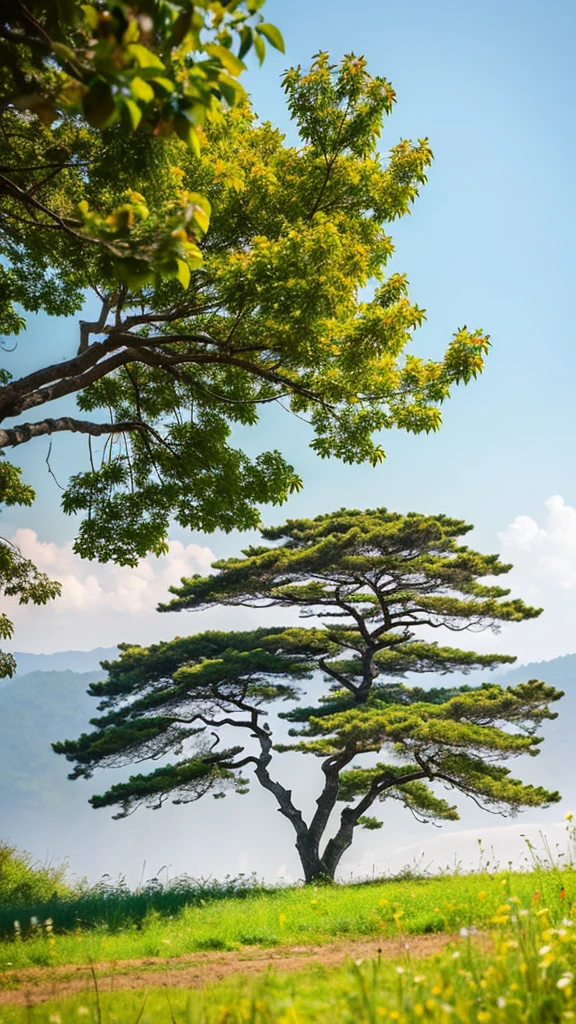 Nature anime, single flock tree golden, green Mountain nature