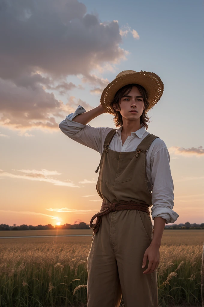 ((best quality)), ((masterpiece)), (detailed), perfect face: In the photo, we would see a young  farmer, called Alonso, in an open field at dusk. He is standing, with a confident posture and a determined look on his face. Alonso has light brown hair, somewhat rebellious, and wears a worn-out straw hat with a colorful feather stuck in the brim. Her clothes are simple and rustic, typical of a peasant, but he uses them with a certain air of improvised nobility.

Ao fundo, we can see a distant windmill, giving a subtle touch to the Don Quixote reference. The sky is dyed in warm orange and pink tones from the sunset, creating a serene and bucolic environment around the young farmer.