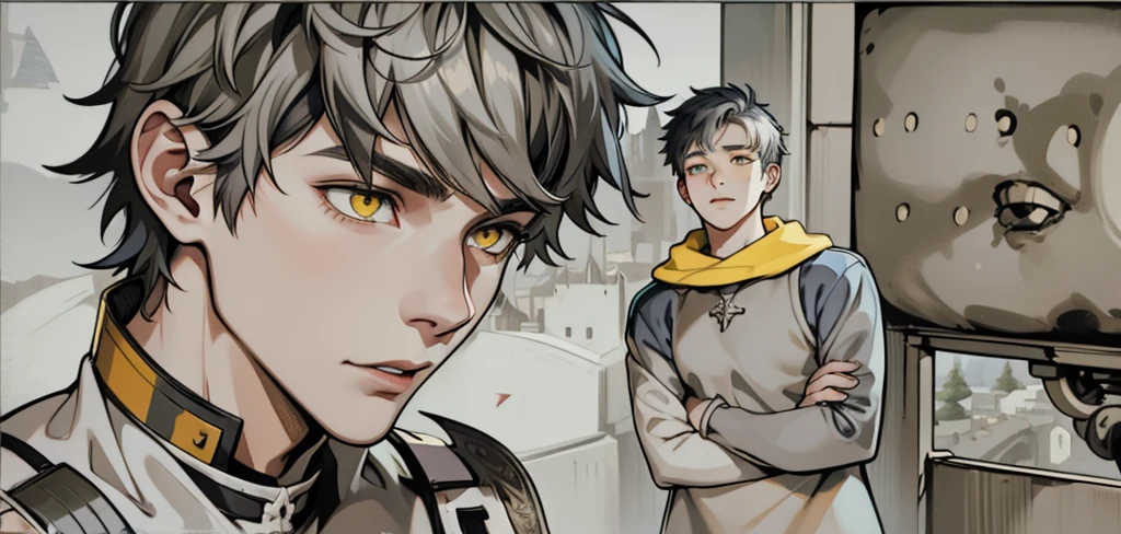 There are two cute young men of 18 years old, white hair and yellow eyes. There is a medieval castle in the background. You can see a pyramid. They are talking thoughtfully.