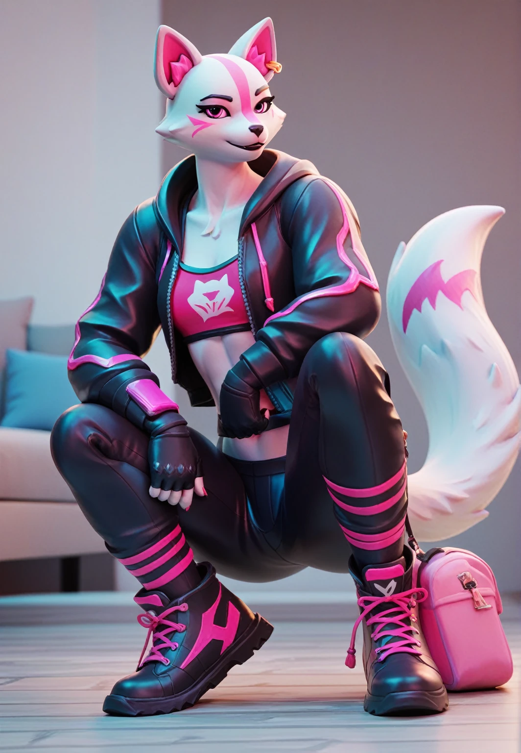 Kitsune drift, fortnite, furry, white fur, pink markings, tail,