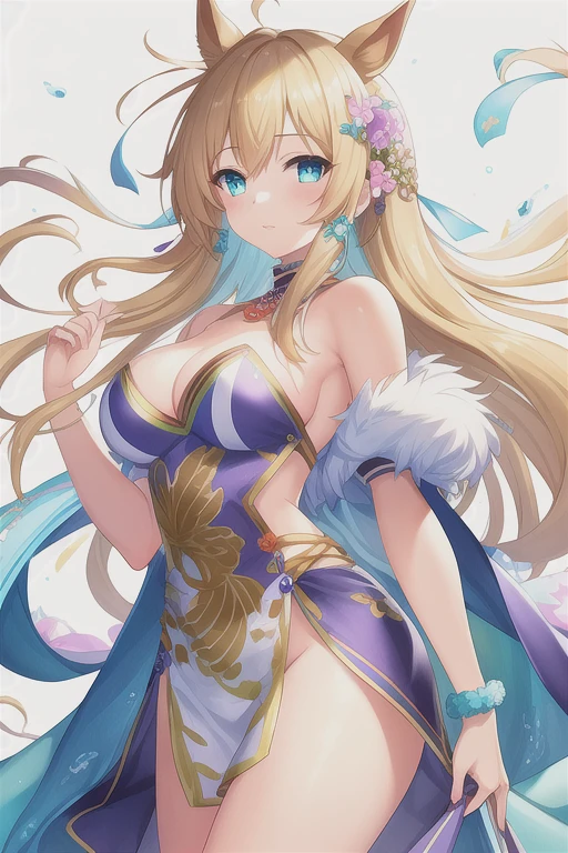 (Masterpiece), (Best Quality), (ultra detailed),(messy fur),(illustration), (1 girl), (fashion clothes), standing, model, looking at the viewer, (interview), (simple background), Beautiful detailed eyes, delicate beauty, floating, (High saturation), (colorful splash), colored bubbles, (shine), focus on face, Horse tail, Ayaka Kamisato, light blue fur, hits, collectors, floating flowers, flowing hair, (bright), better lighting, best shadows, perfect hands