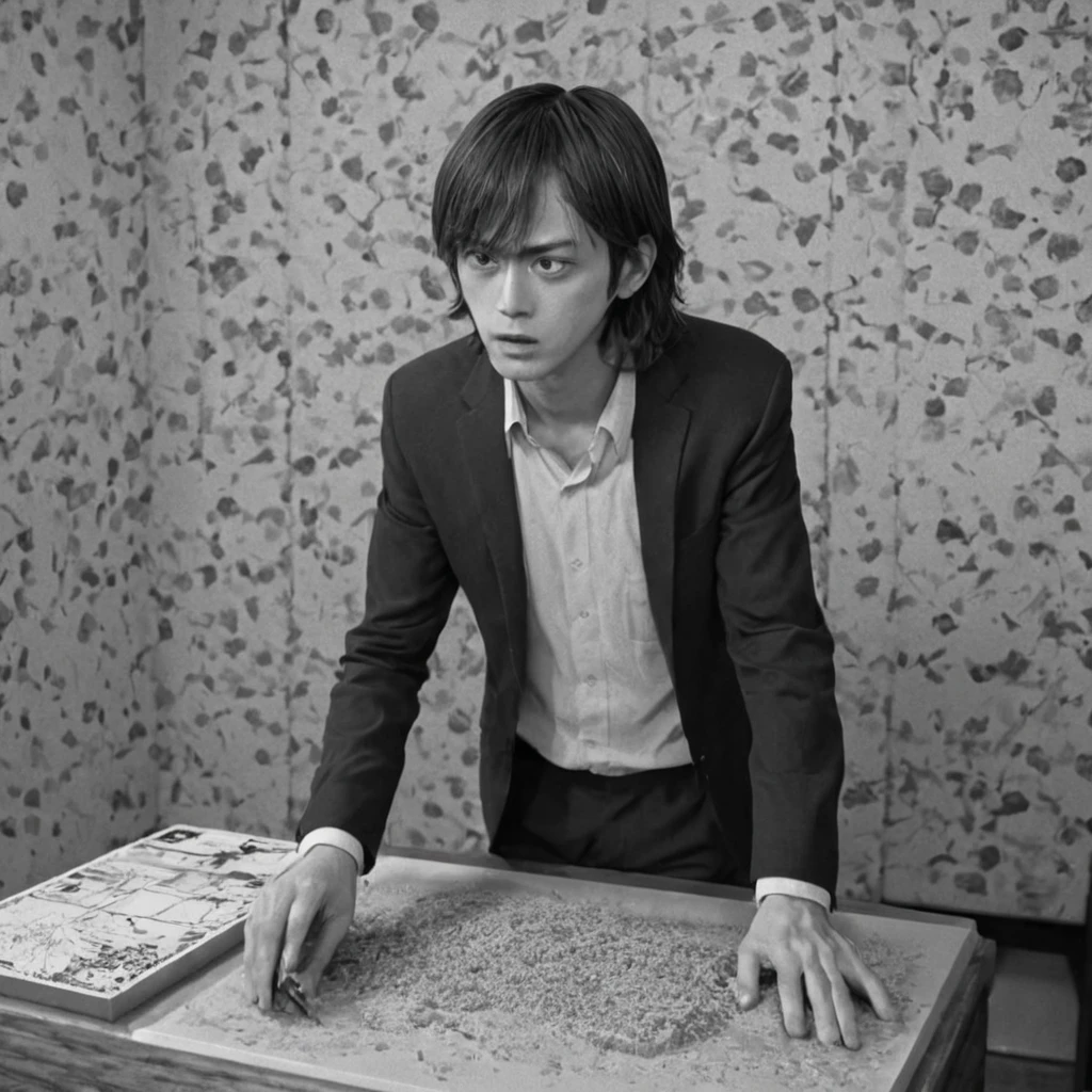man, giant eraser erasing, (anime), bizarre scenario, This is Junji, Yusuke Murata, black and white, 8K, anime, horror