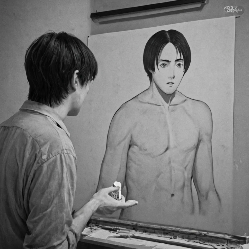 1boy、Photo Quality、Handsome Men、Mash Hair、Japanese male, 、Slim body、Completely naked、Full nudity、erection、Huge penis、Highest quality、Realistic、beautiful、Sad look、Stand in front of a group of people sitting on chairs and drawing in their sketchbooks、Being seen by a lot of people、Back view、Inside the drawing hall、Hands folded behind the head、Back view